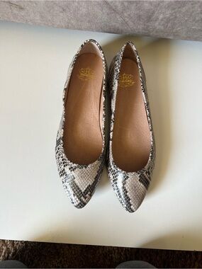 Snake-Effect Pointed Toe Ballet Flats in White/Black